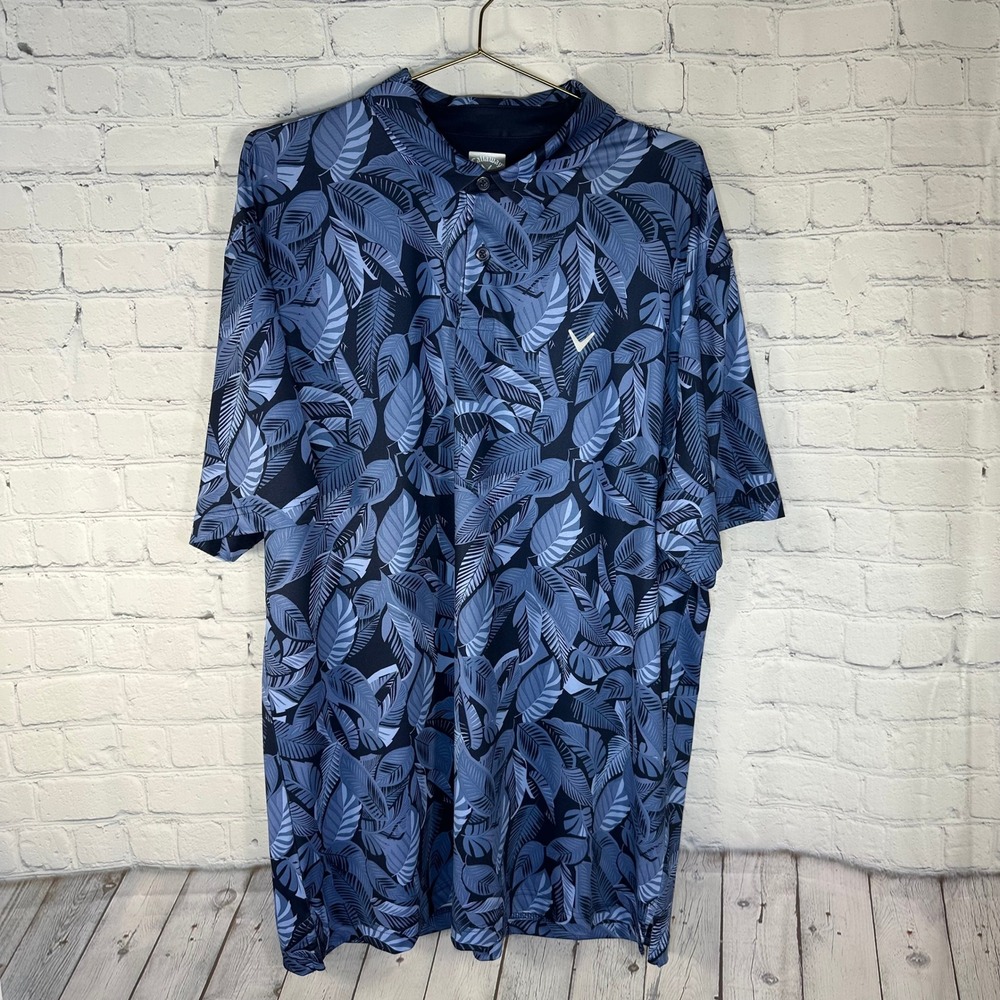 Callaway Mens XL Opti-Dri Golf Polo Shirt Blue Tropical Leaf Print Short Sleeve